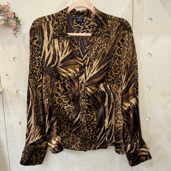 Tribal Tops - TRIBAL Jungle Cats Animal Print Blouse Size 12 100% Silk Brown Tan Black